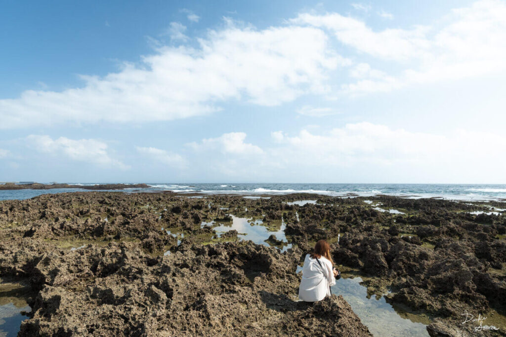 春田浜の海岸で、潮溜りを覗き込む女性