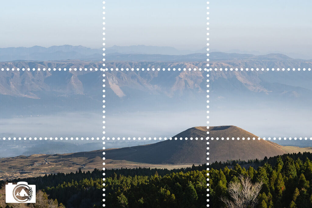 風景写真に三分割構図の線を入れた図解