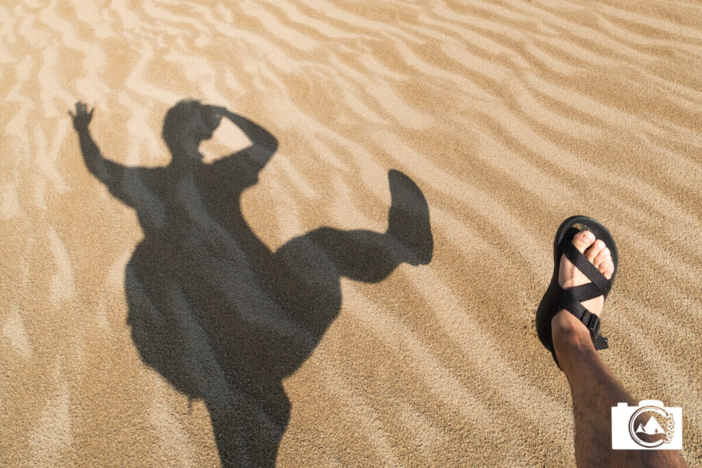 砂丘ではしゃぐ人の影