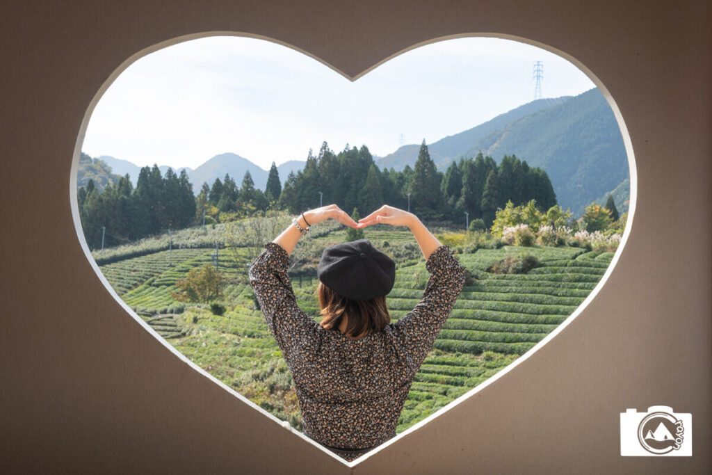 ハート型の窓越しに見る女性と茶畑