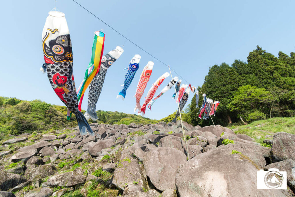 岩が積み重なる斜面にかかる鯉のぼり