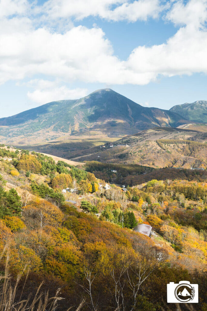 眼下に広がる紅葉と背景にそびえる蓼科山